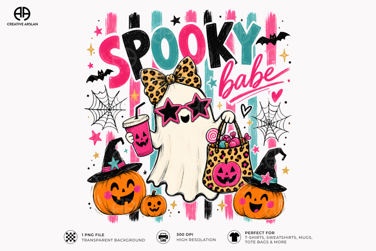 Spooky Babe Ghost Leopard Bow - Halloween PNG Shirt Design