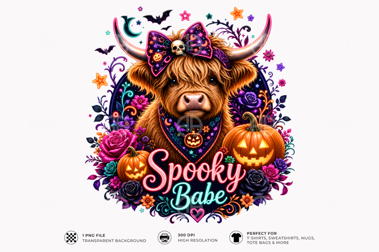 Spooky Babe Highland Cow Halloween Sublimation TShirt Design