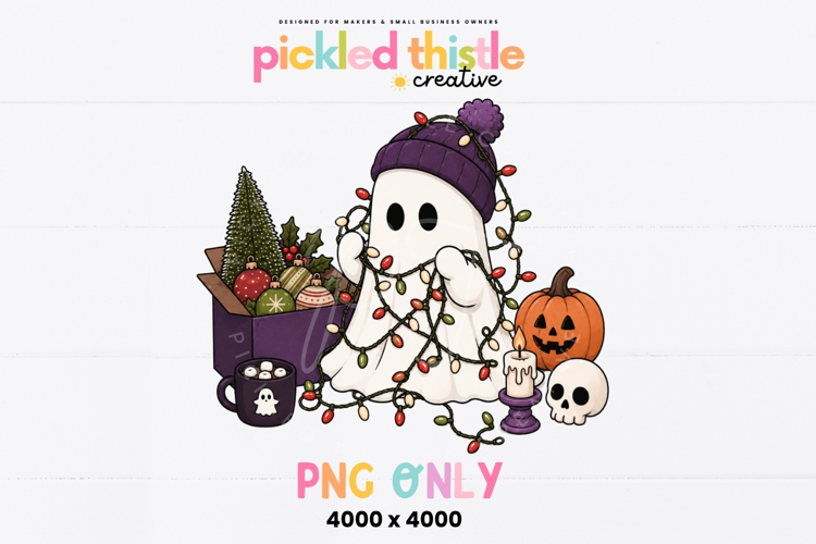 Holiday ghost clipart featuring a ghost in a knit winter hat wrapped in Christmas lights. Includes seasonal decor blending Halloween and Christmas themes.