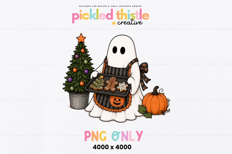 Cute ghost wearing a Halloween-themed apron while holding a tray of decorated Christmas cookies beside a decorated Christmas tree and pumpkin.