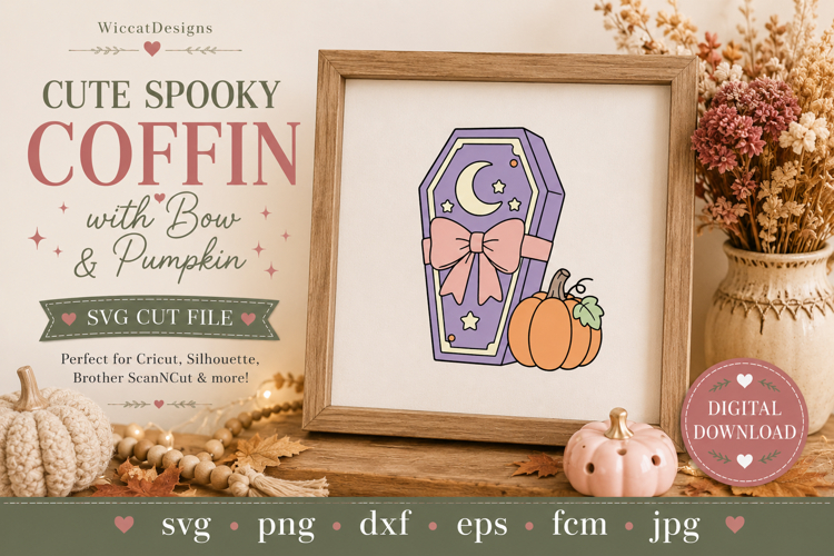 Cute Spooky Coffin with Bow & Pumpkin SVG | Halloween SVG