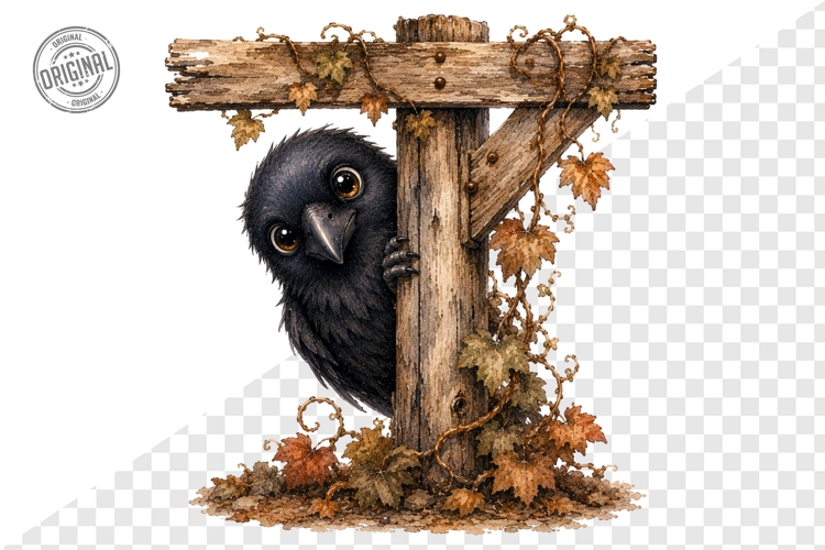 Spooky Crow Peeking Wooden Sign Halloween Clipart PNG