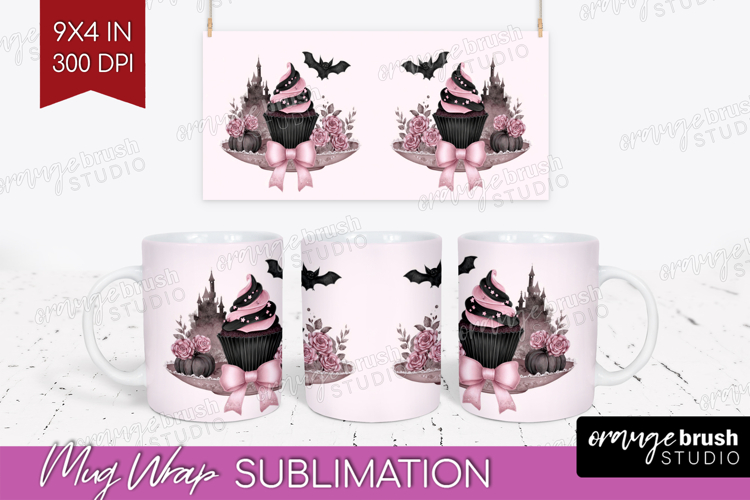 Spooky Cupcake Cute Mug Wrap Pink Halloween Mug PNG