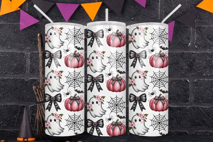 Spooky Cute Coquette Ghost Skinny Tumbler Wrap Pink & Black