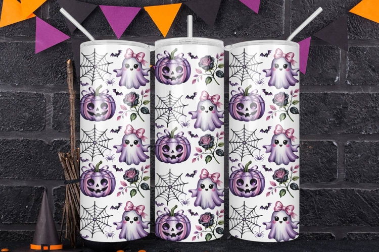 Spooky Cute Coquette Ghost Skinny Tumbler Wrap Purple