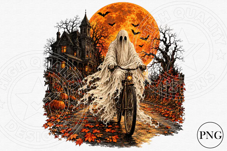 Spooky Ghost Bicycle Halloween PNG | Haunted House & Orange