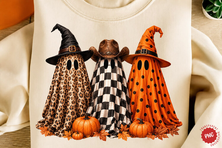 Spooky Ghost Trio PNG, Western Cowboy Shirt Design example image 1