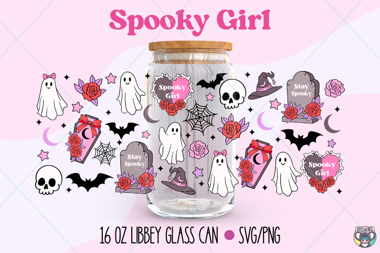 Spooky Girl Libbey Glass Wrap, Halloween 16oz Can Glass