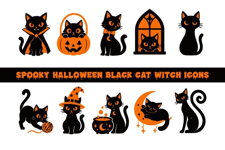 Spooky Halloween Black Cat Witch Icons | Cute Gothic Graphic example image 1