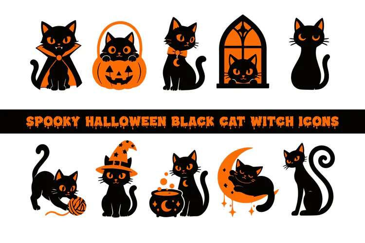 Spooky Halloween Black Cat Witch Icons | Cute Gothic Graphic