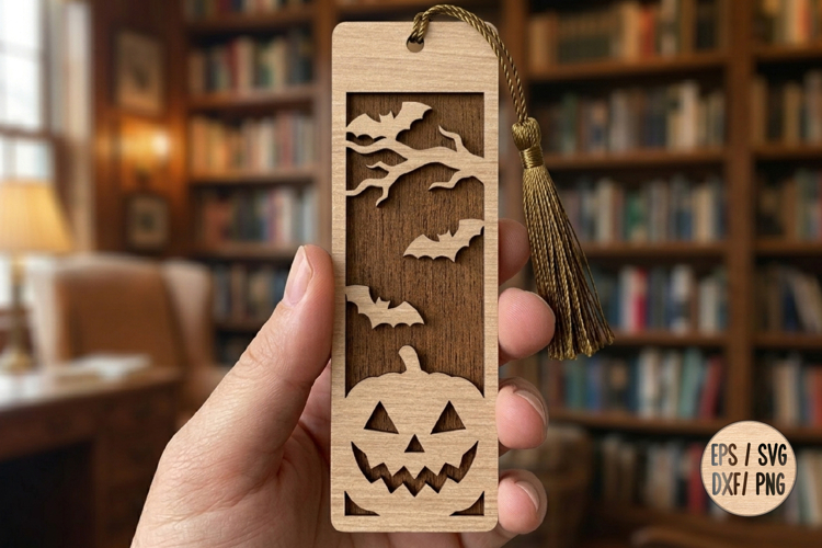 Spooky Halloween Bookmark, Laser Cut Wooden Pumpkin & Bats