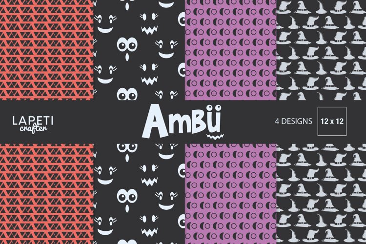 Four Halloween digital papers with spooky faces witch hats crescent moons and geometric patterns