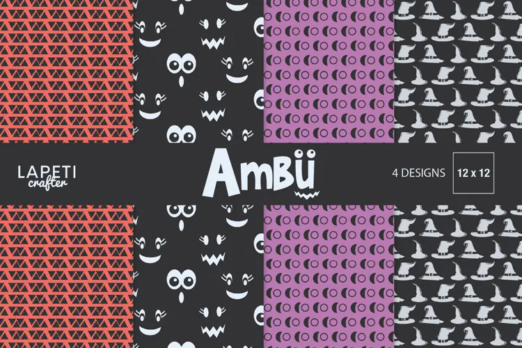 Halloween Digital Paper with Witch Hats, Moons and Spooky