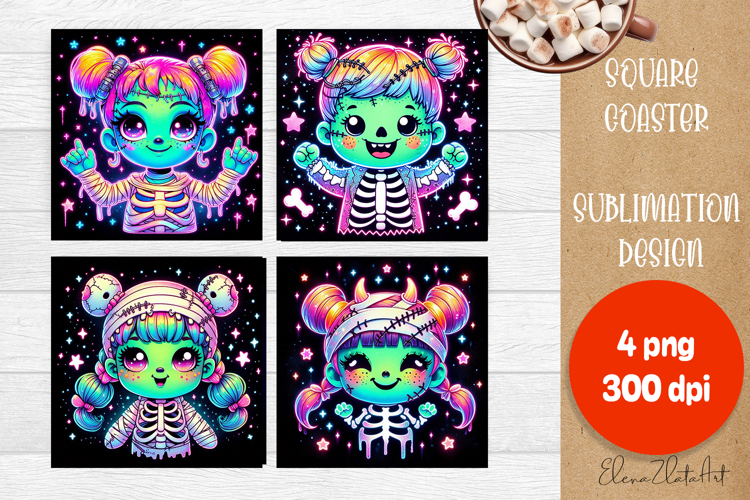 Halloween coaster, neon cute monster square coaster