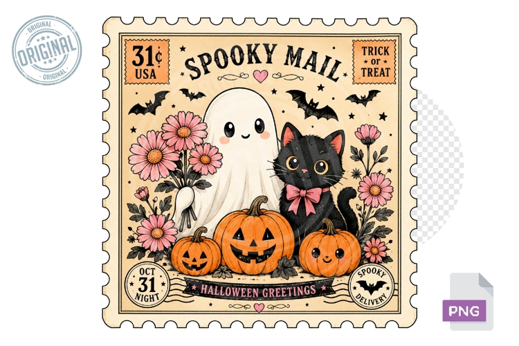 Spooky Mail Ghost Cat Pumpkin Halloween Stamp PNG Design