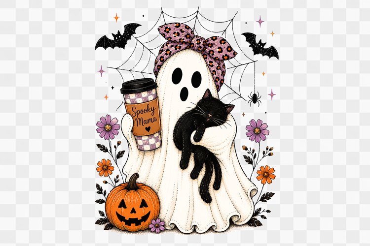 Spooky Mama Ghost Black Cat PNG Sublimation Design
