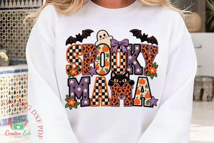 Spooky Mama PNG, Halloween Mom Faux Patchwork Sublimation