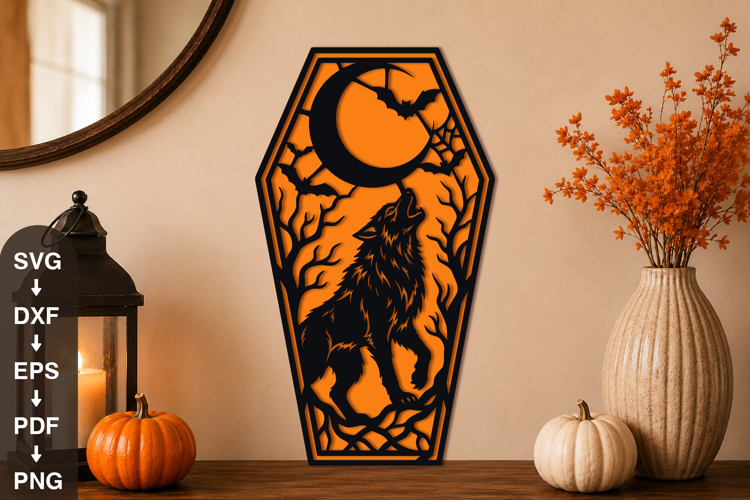 Spooky Moon Night Wolf Coffin Cut File Design