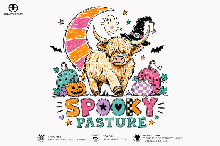 Spooky Pasture Cow PNG - Highland Cow Halloween Shirt Design