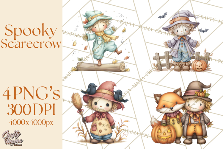 Spooky Scarecrows Halloween Clipart, Whimsical PNG