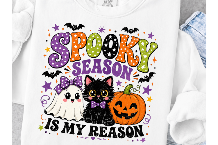 Spooky Season Is My Reason PNG, Cute Halloween Ghost Cat Pum