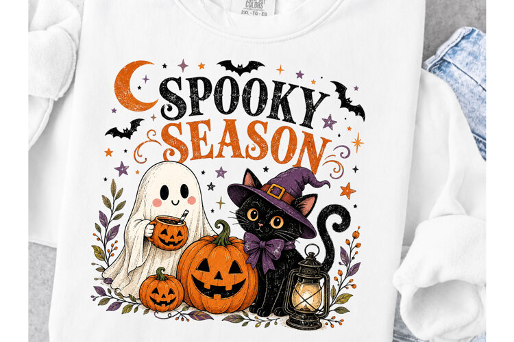 Spooky Season PNG, Adorable Ghost & Black Cat Halloween Subl example image 1