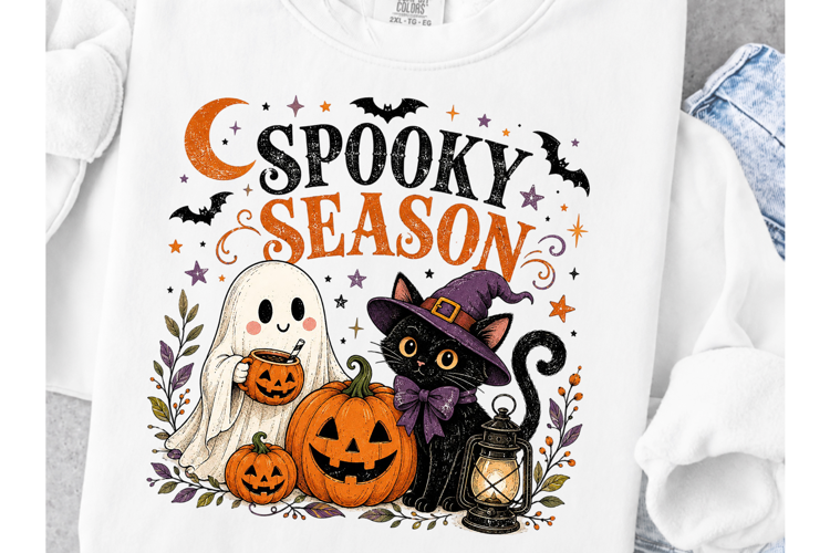 Spooky Season PNG, Adorable Ghost & Black Cat Halloween Subl