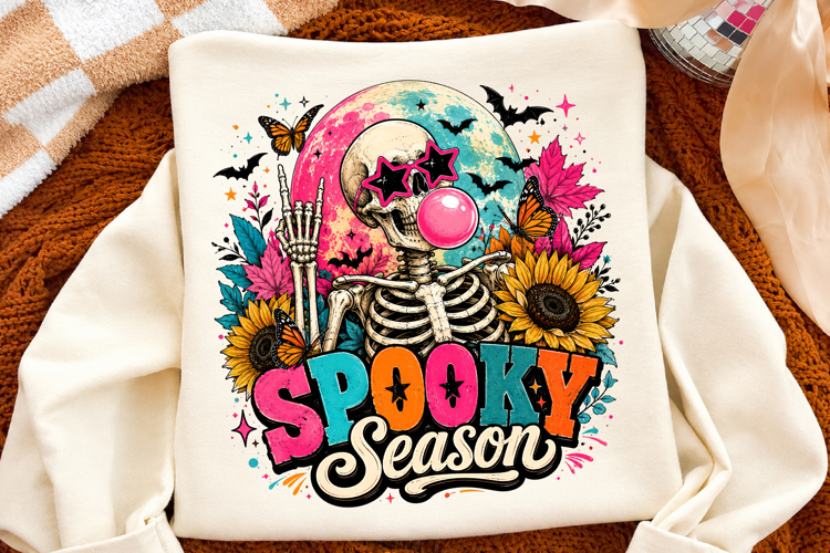 Spooky Season Skeleton PNG,Colorful Retro Halloween Design