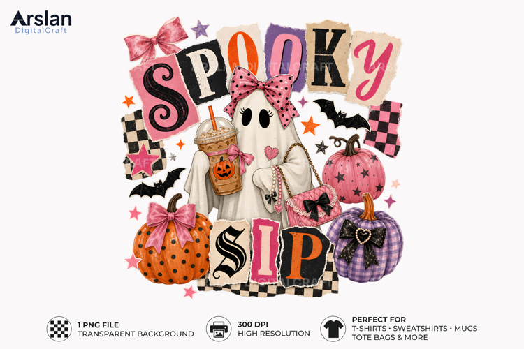 Spooky Sip Ghost PNG - Cute Bow Halloween Sublimation Design
