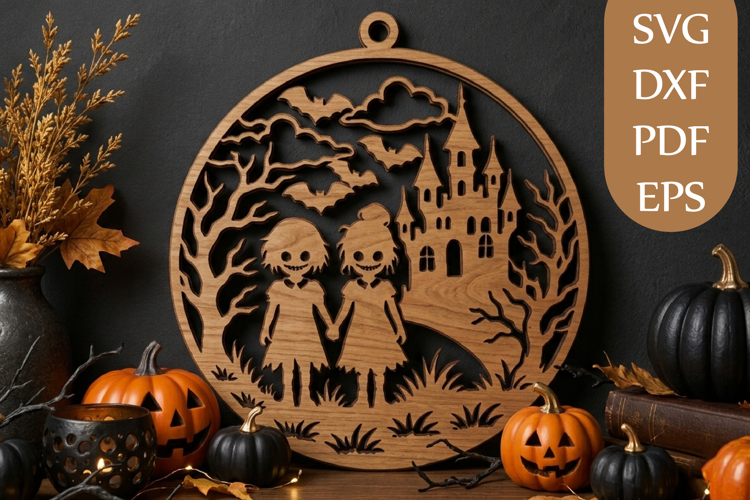 Spooky Twins and Haunted Castle Wood Sign SVG