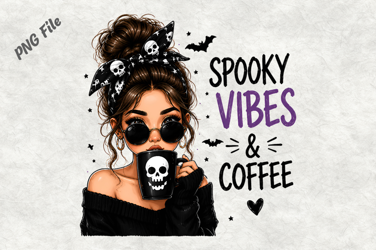 Spooky Vibes Coffee Halloween Girl PNG