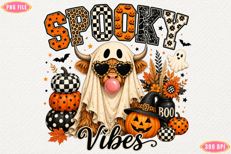 Spooky Vibes Highland Cow PNG