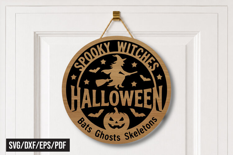 Spooky Witches Halloween Round Door Hanger Laser Cut example image 1
