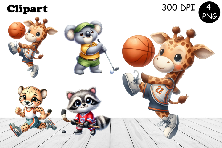 Bright animal sports clipart in the style of American sports
