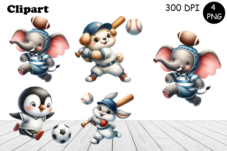 Bright animal sports clipart in the style of American sports