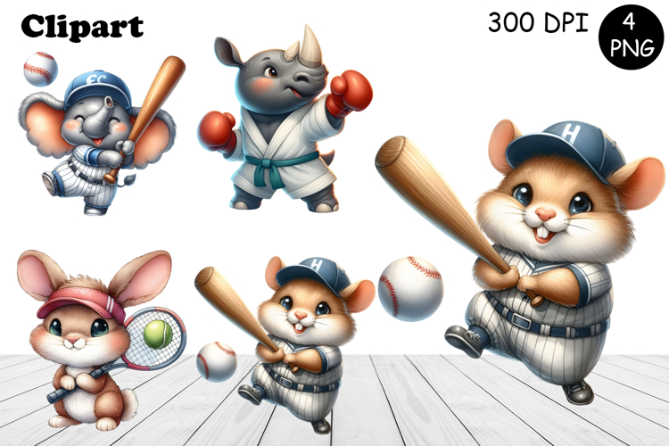 Bright animal sports clipart in the style of American sports