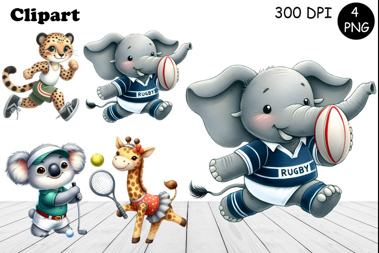 Bright animal sports clipart in the style of American sports