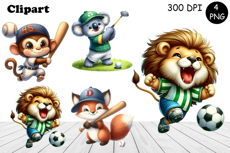 Bright animal sports clipart in the style of American sports