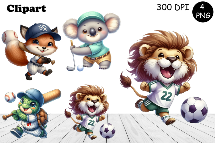 Bright animal sports clipart in the style of American sports