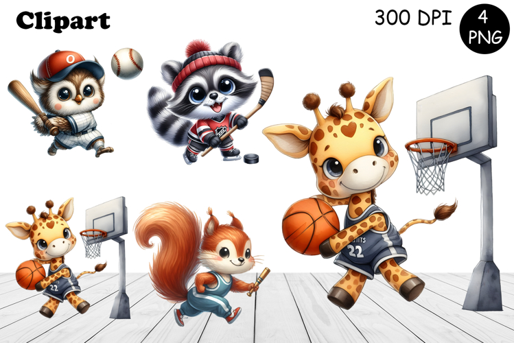 Bright animal sports clipart in the style of American sports
