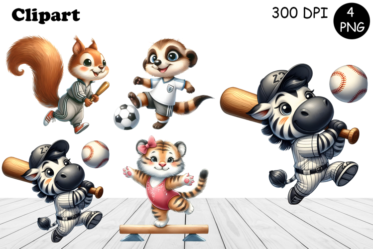Bright animal sports clipart in the style of American sports