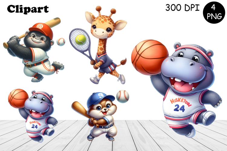 Bright animal sports clipart in the style of American sports