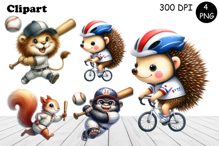 Bright animal sports clipart in the style of American sports