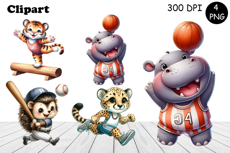 Bright animal sports clipart in the style of American sports
