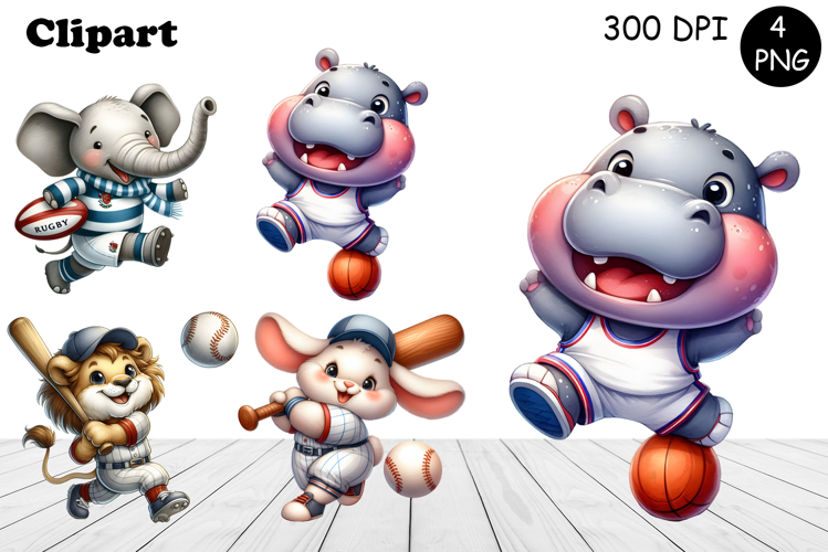 Bright animal sports clipart in the style of American sports