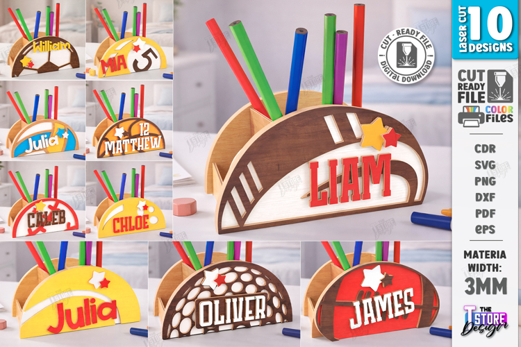 Sports Desk Organizers Laser Cut Bundle | Name Signs SVG