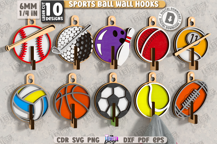 Sports Ball Wall Hooks Laser Cut Bundle,Kids Wall Decor Hook