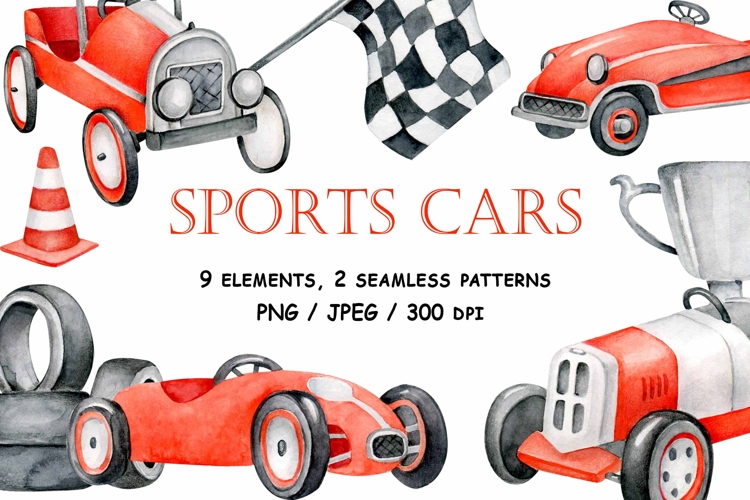 Red sports cars illustrations - 5 variations in retro style