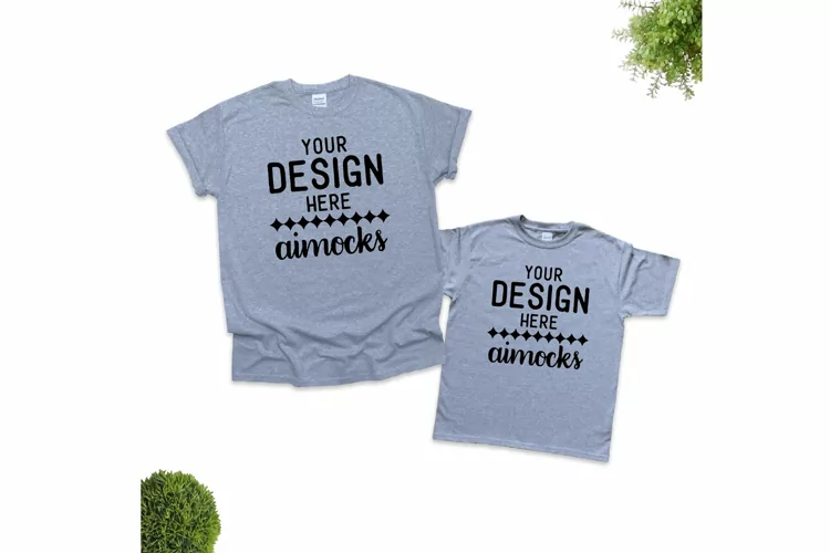 Sports Grey Gildan Mom and Son Matching T-shirts Mockup