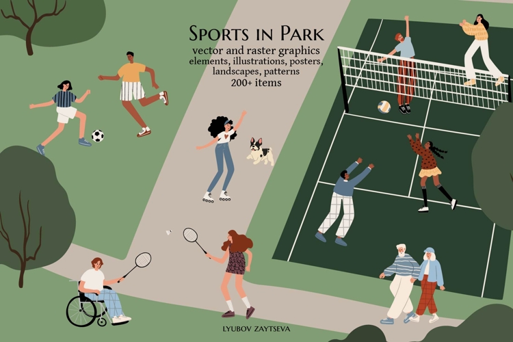Sports in Park set, People Illustrations, Outdoor Activities